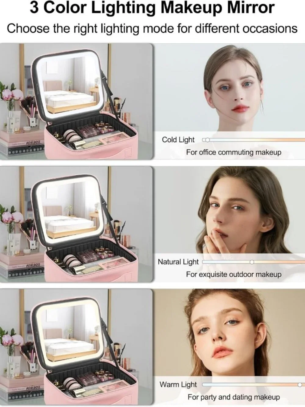 LED Makeup Bag with Mirror, Pink Cosmetic Organizer, Removable Brush